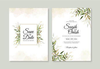 Minimalist wedding card invitation template with hand drawn watercolor foliage