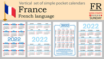 French vertical pocket calendar for 2022. Week starts Sunday