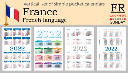 French vertical pocket calendar for 2022. Week starts Sunday