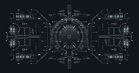 Cyberpunk Sky-fi illustration. Sci-fi concept design. Futuristic abstract technology Template. Cyberspace Virtual reality in HUD style. Head up screens for video and games. Futuristic VR display.