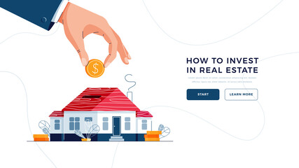 How to invest in real estate landing page template. Investor's hand puts a coin into the piggy bank house. putting up of money to real property, capital investment for web. Flat vector illustration