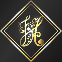 Luxurious golden letter H in vintage style on black background.