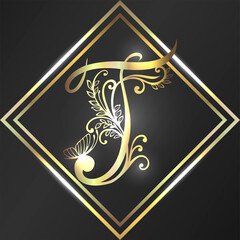 Luxurious golden letter T in vintage style on black background.