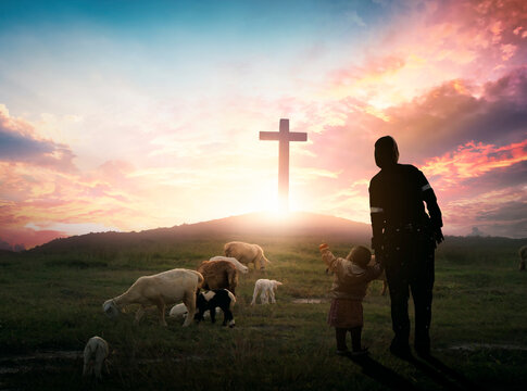 Easter concept: Parents and children worship on the cross background