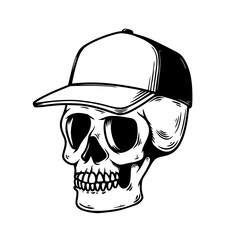 Illustration of skull in baseball cap in monochrome style. Design element for logo, emblem, sign, poster, card, banner. Vector illustration
