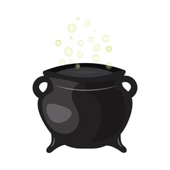 Cartoon magic cauldron with green witch potion and steam. Minimalist isolated vector illustration on white background.