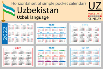 Uzbek horizontal pocket calendar for 2022. Week starts Sunday