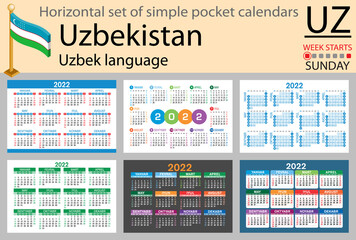 Uzbek horizontal pocket calendar for 2022. Week starts Sunday