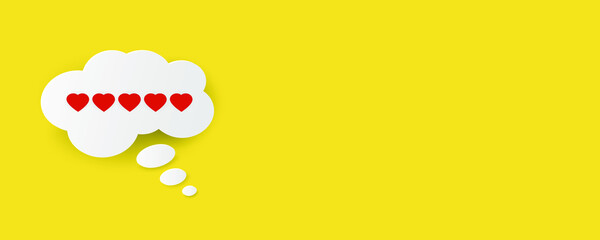 White chat cloud with five red hearts on a yellow background. Customer experience and feedback concept. 3d vector illustration