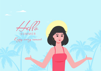 Summer holidays vector illustration with girl,flat design beach