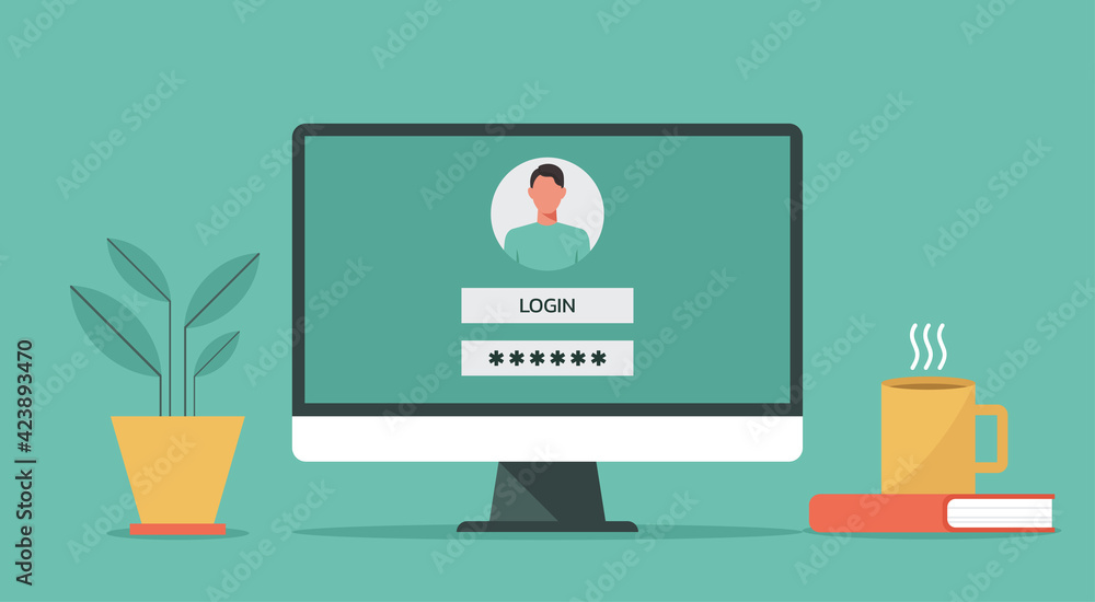 Poster computer account login and password of the user to the system with authorization on the screen, vect