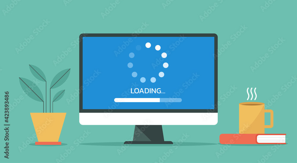 Poster computer loading process concept, system software update and upgrade installation, vector flat desig