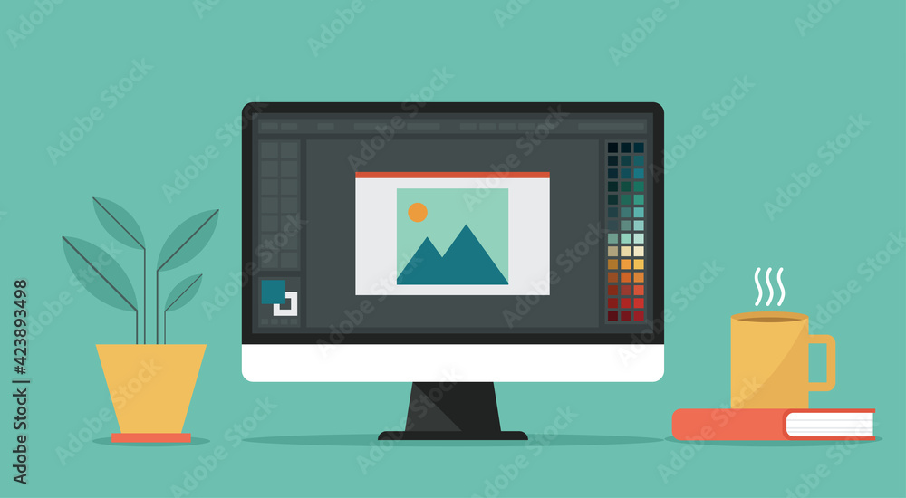 Poster graphic designer with program editing software on computer screen, vector flat design illustration