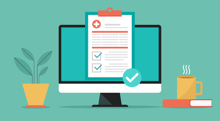 online medical prescription on computer screen, distance healthcare or telehealth with electronic checklist concept, vector flat design illustration