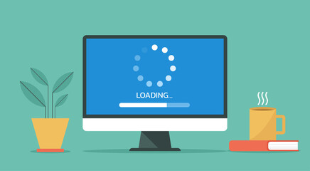 computer loading process concept, system software update and upgrade installation, vector flat design illustration