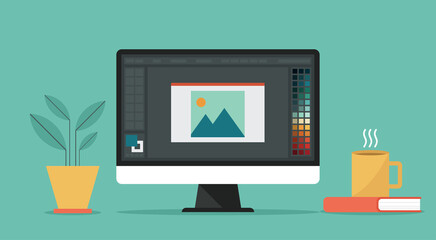 Fototapeta graphic designer with program editing software on computer screen, vector flat design illustration obraz