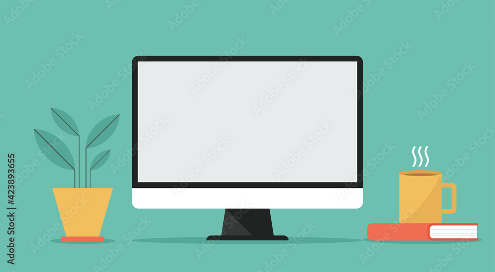 Fototapete computer with white blank empty display screen for copy space on working space, vector flat design i