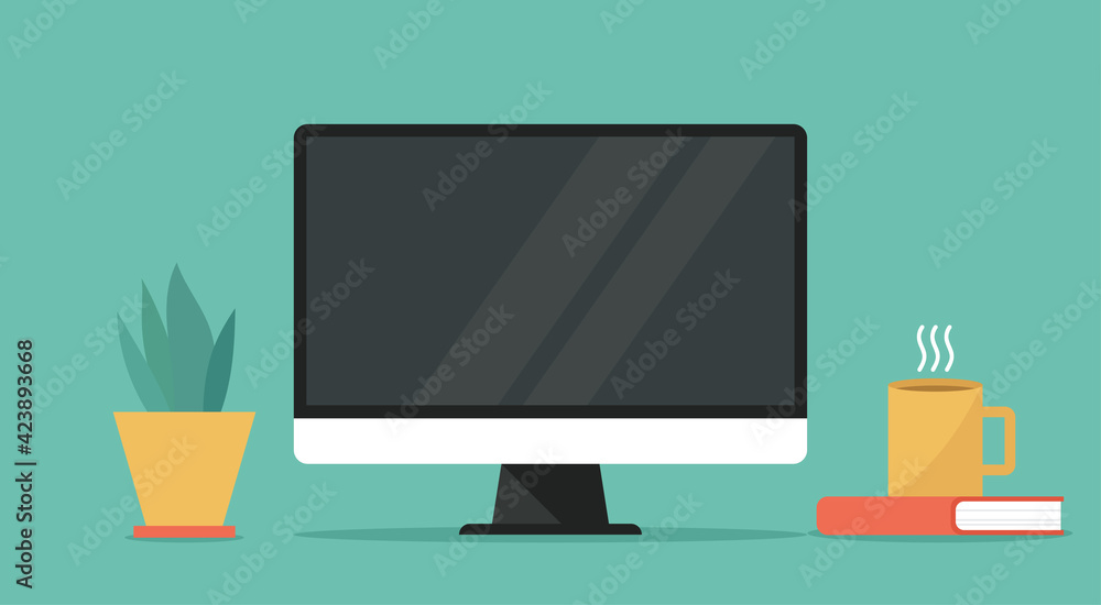 Fototapete computer with blank empty display screen for copy space on working space, vector flat design illustr
