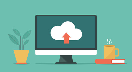 Cloud computing technology on computer concept, vector flat design illustration