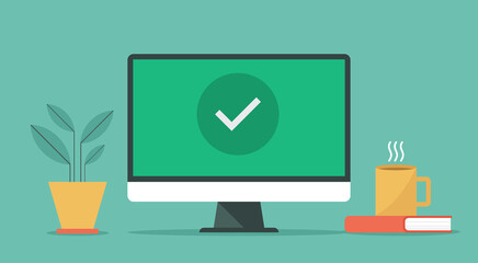 online approve confirmed or check mark on computer screen, vector flat design illustration