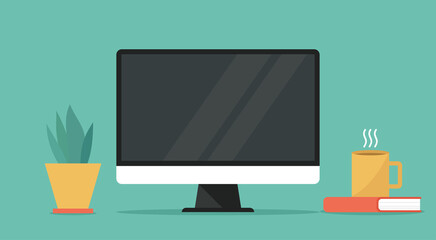 computer with blank empty display screen for copy space on working space, vector flat design illustration