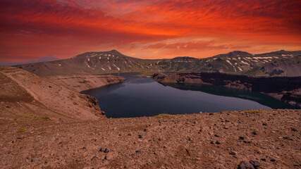 Panoramic view of the city Petropavlovsk-Kamchatsky and volcanoes: Koryaksky Volcano, Avacha Volcano, Kozelsky Volcano. Russian Far East, Kamchatka Peninsula.