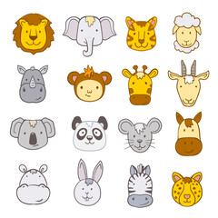 Obraz premium set of cartoon jungle animals faces drawings. vector illustration 