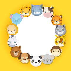 set of cartoon animal faces in a circle design as funny children background