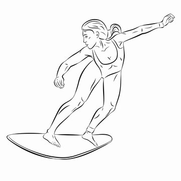 illustration of surfer woman, vector drawing