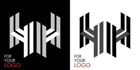 Isometric letter H in two perspectives. From stripes, lines. Template for creating logos, emblems, monograms. Black and white options. 3D art symbol. Vector illustration. Other letters in my portfolio