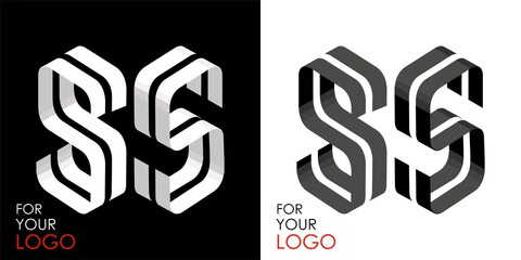 Isometric letter S in two perspectives. From stripes, lines. Template for creating logos, emblems, monograms. Black and white options. 3D art symbol. Vector illustration. Other letters in my portfolio