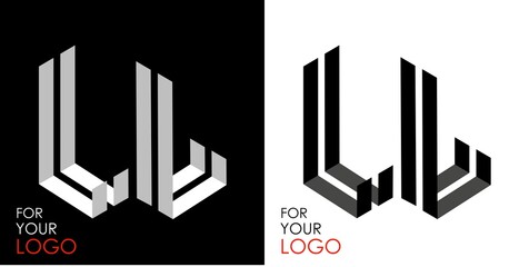 Isometric letter L in two perspectives. From stripes, lines. Template for creating logos, emblems, monograms. Black and white options. 3D art symbol. Vector illustration. Other letters in my portfolio