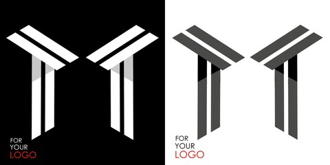 Isometric letter T in two perspectives. From stripes, lines. Template for creating logos, emblems, monograms. Black and white options. 3D art symbol. Vector illustration. Other letters in my portfolio