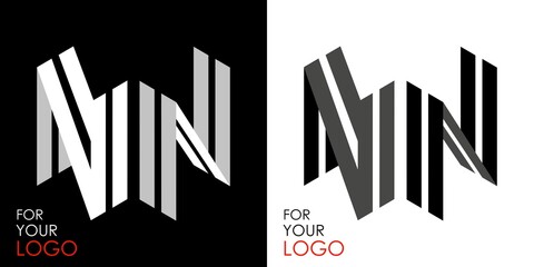 Isometric letter N in two perspectives. From stripes, lines. Template for creating logos, emblems, monograms. Black and white options. 3D art symbol. Vector illustration. Other letters in my portfolio