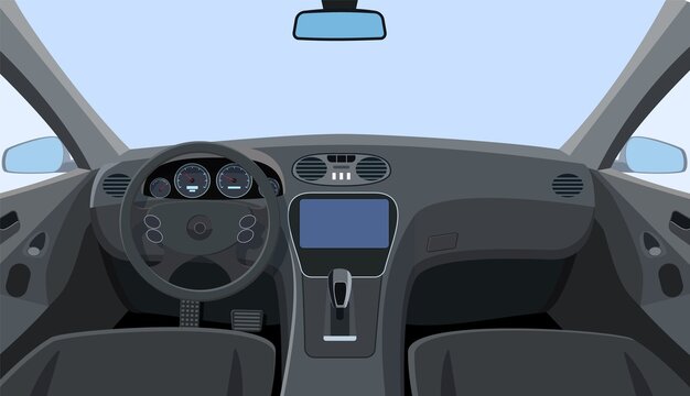Control panel and windscreen view from front seats. Dashboard and steering wheel in car.