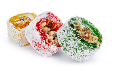 Colorful Turkish delight with nuts in powdered sugar isolated on white