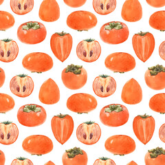 Beautiful seamless pattern with watercolor hand drawn persimmon fruit. Stock illustration.