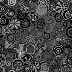 Abstract oil painting black and white colored seamless pattern. Different white dotted circles on black background. Geometric backdrop Template for design, textile, wallpaper, ceramics.