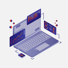 Laptop with process graphs and analyze statistics. The concept of data visualization. 3D isometric vector illustration.