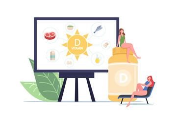 Nutritional Addictive Supplements for Health. Tiny Women at Huge Bottle with Vitamin D and Presentation on Screen