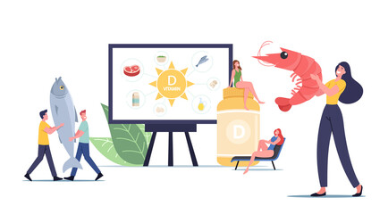 Tiny Male and Female Characters Presenting Sources of Vitamin D Seafood, Organic Natural Products and Sunbathing