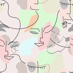 One line drawing. Abstract face seamless pattern.