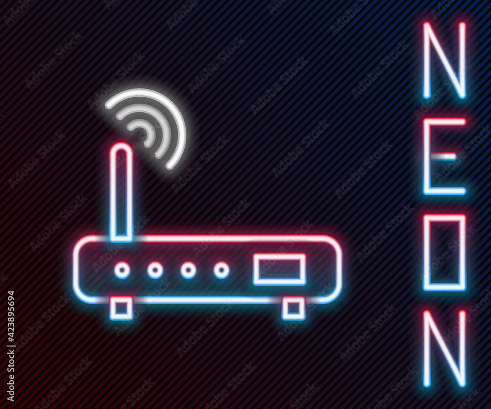 Poster glowing neon line router and wi-fi signal icon isolated on black background. wireless ethernet modem