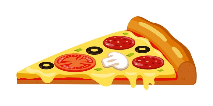Freshly baked pizza slice isolated on white background. The melted cheese flows. Vector illustration in a simple style.