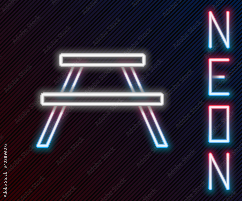 Poster glowing neon line picnic table with benches on either side of the table icon isolated on black backg
