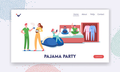 Pajama Party Landing Page Template. Characters Wearing Home Clothes, Comfortable Nightwear and Slippers