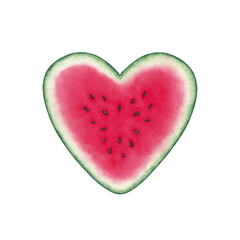 Obraz na płótnie Canvas Hand drawn watermelon slice isolated on white background. Watermelon heart shaped slice with seeds. Good for textile print, cloth print, sticker, label and other.
