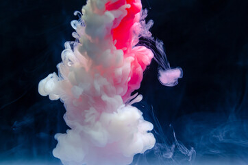 Multi-colored paints in water. Ink swirls underwater. A cloud of collision of bright ink on a black background. Colorful abstract explosion of smoke. Abstract background