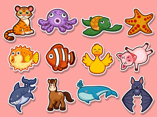 Animal stickers for kids. Collection cute Animal cartoon flat style. Vector illustration design template