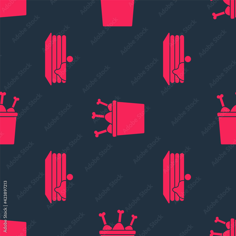 Poster set stack of pancakes and chicken leg in package box on seamless pattern. vector